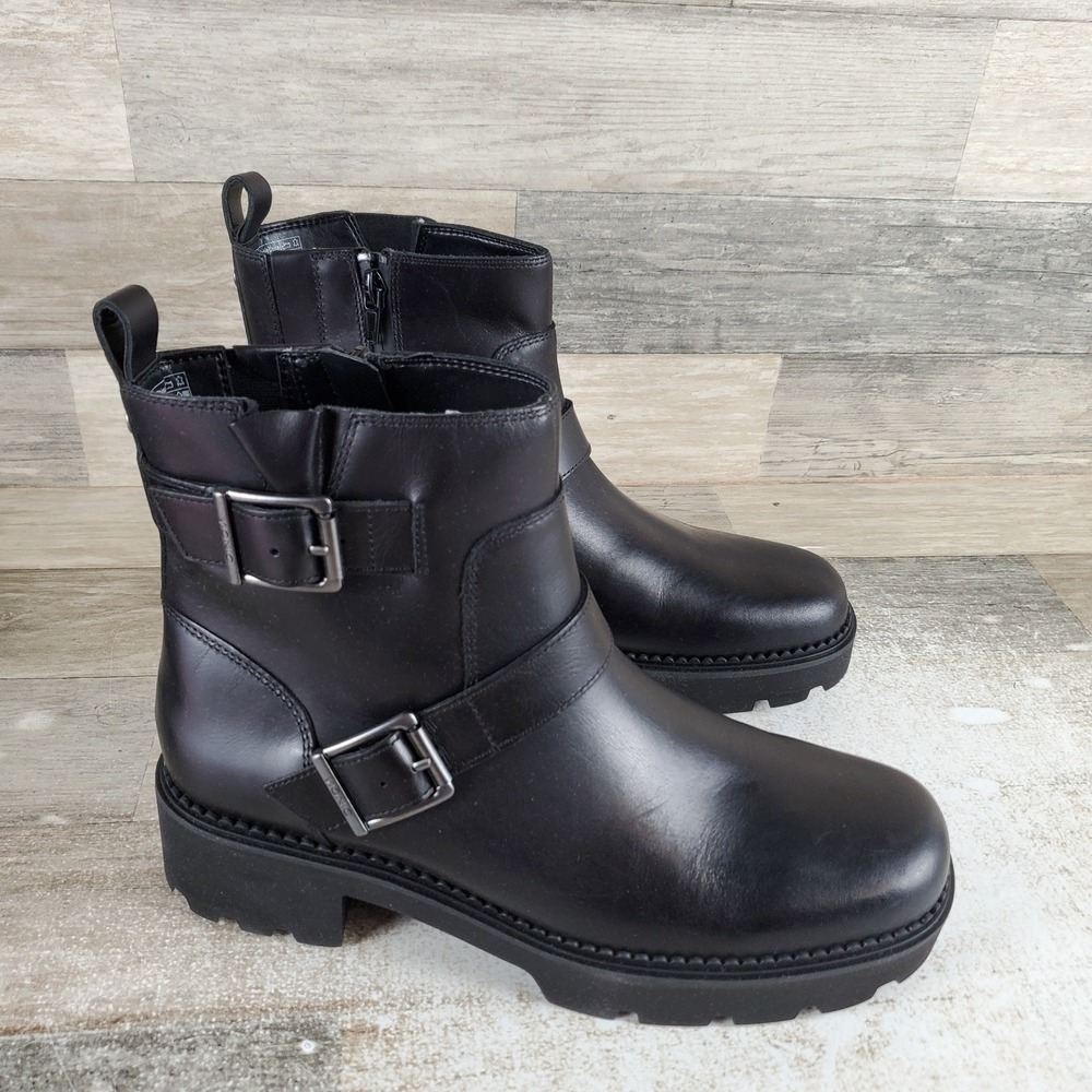 Vionic Folsom Womens Ankle Boot Sz 8 Black Leather Buckle Side Zip Round Toe